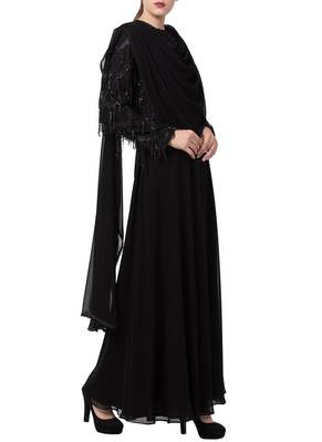 Black True Designer Abaya Like Dress With Attached Shawl And Fancy Body. 2