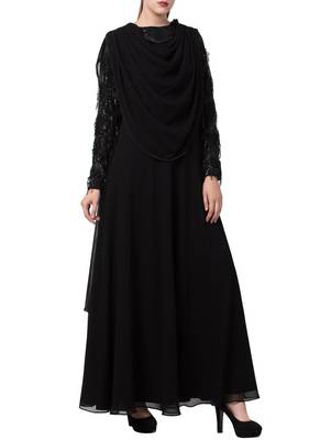 Black True Designer Abaya Like Dress With Attached Shawl And Fancy Body. 3