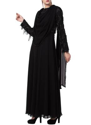 Black True Designer Abaya Like Dress With Attached Shawl And Fancy Body. 4