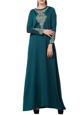 Teal Designer Abaya Like Dress With Hand Work On Yoke And Sleeves-Comes With A Matching Stole With Hand Work. 1
