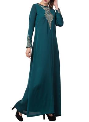 Teal Designer Abaya Like Dress With Hand Work On Yoke And Sleeves-Comes With A Matching Stole With Hand Work. 2