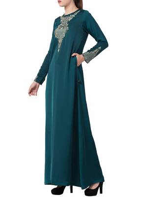 Teal Designer Abaya Like Dress With Hand Work On Yoke And Sleeves-Comes With A Matching Stole With Hand Work. 3