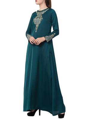 Teal Designer Abaya Like Dress With Hand Work On Yoke And Sleeves-Comes With A Matching Stole With Hand Work. 4