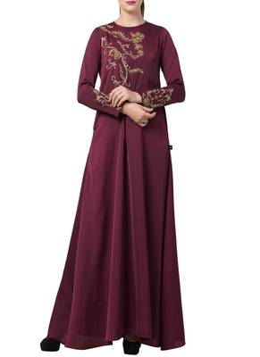 Burgundy Designer Abaya Like Dress With Hand Work On Yoke And Sleeves-Comes With A Matching Stole With Hand Work. 1