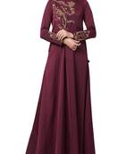 Burgundy Designer Abaya Like Dress With Hand Work On Yoke And Sleeves-Comes With A Matching Stole With Hand Work.