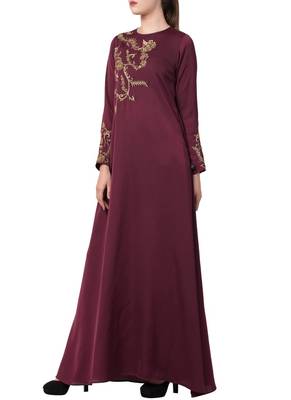Burgundy Designer Abaya Like Dress With Hand Work On Yoke And Sleeves-Comes With A Matching Stole With Hand Work. 2