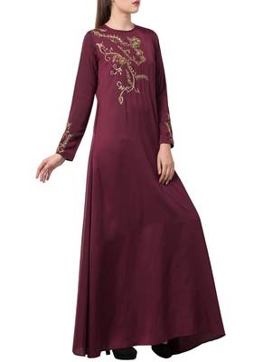 Burgundy Designer Abaya Like Dress With Hand Work On Yoke And Sleeves-Comes With A Matching Stole With Hand Work. 3