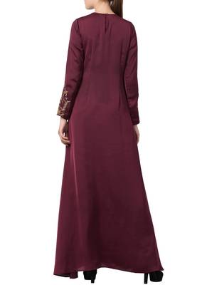 Burgundy Designer Abaya Like Dress With Hand Work On Yoke And Sleeves-Comes With A Matching Stole With Hand Work. 4