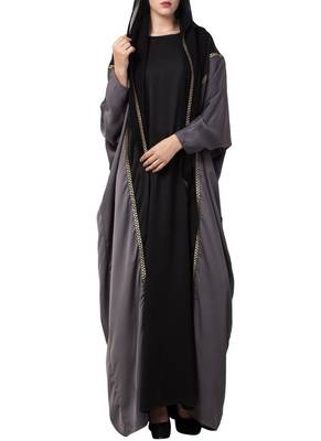 Black Designer Abaya With Lace Work And Attached Hood. 1