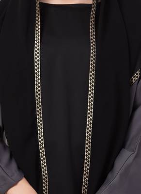 Black Designer Abaya With Lace Work And Attached Hood. 4
