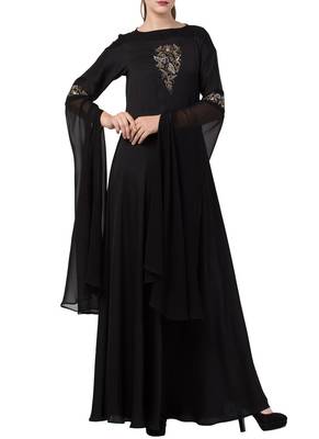Black Modern, Modest And Elegant Dress With Hand Work On Yoke And Sleeves-Comes With A Free Matching Stole. 2