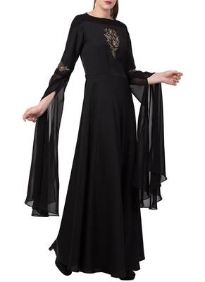 Black Modern, Modest And Elegant Dress With Hand Work On Yoke And Sleeves-Comes With A Free Matching Stole. 3