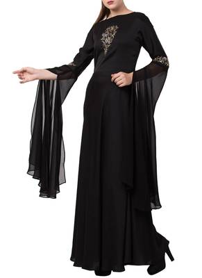 Black Modern, Modest And Elegant Dress With Hand Work On Yoke And Sleeves-Comes With A Free Matching Stole. 4