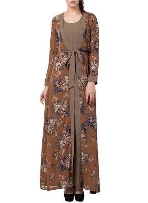 Multicolor Abaya Dress With Attached Shrug And A Matching Belt. 1