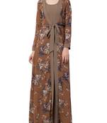 Multicolor Abaya Dress With Attached Shrug And A Matching Belt.