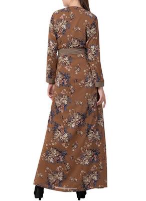 Multicolor Abaya Dress With Attached Shrug And A Matching Belt. 4
