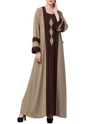 Dark-Chiku Abaya Dress With Attached Shrug And A Matching Belt In Contrast Colours. 2