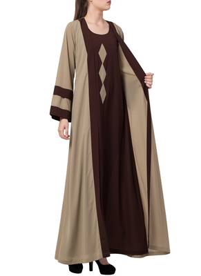 Dark-Chiku Abaya Dress With Attached Shrug And A Matching Belt In Contrast Colours. 3