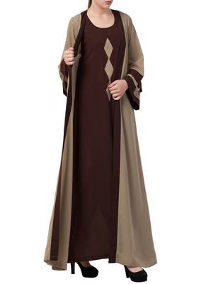 Dark-Chiku Abaya Dress With Attached Shrug And A Matching Belt In Contrast Colours. 4