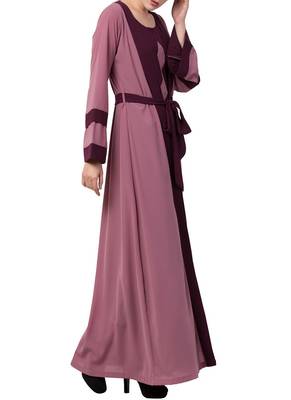 Onion-Pink Abaya Dress With Attached Shrug And A Matching Belt In Contrast Colours. 2