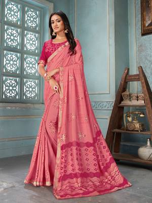 Pink printed faux georgette saree with blouse 1