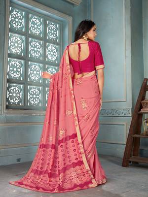 Pink printed faux georgette saree with blouse 3