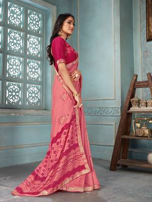 Pink printed faux georgette saree with blouse 4