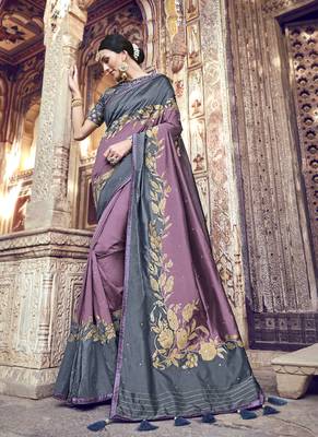 Mauve embroidered banarasi silk saree with blouse 1
