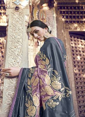 Mauve embroidered banarasi silk saree with blouse 3