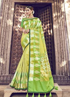 lime embroidered banarasi silk saree with blouse 1