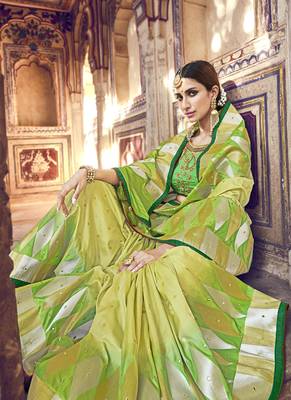 lime embroidered banarasi silk saree with blouse 2
