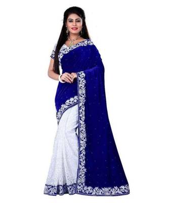 Blue velvet designer saree with blouse 1