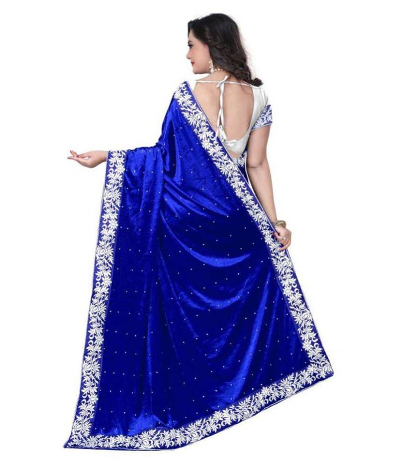 Blue velvet designer saree with blouse