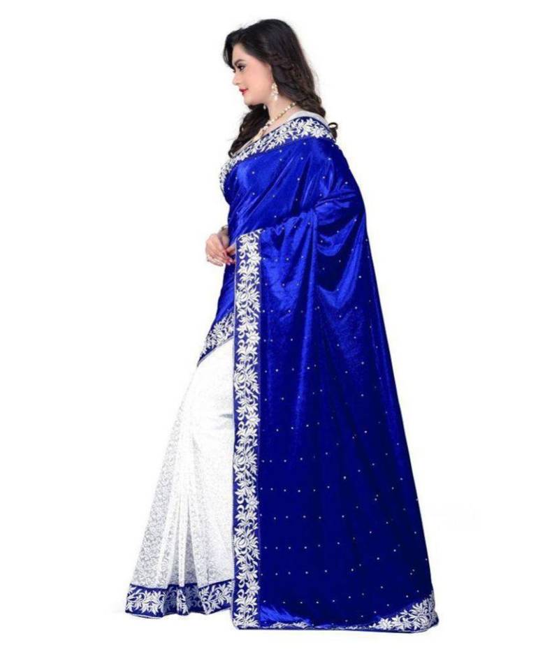 Blue velvet designer saree with blouse