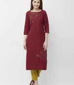 Maroon embroidered cotton kurtas-and-kurtis