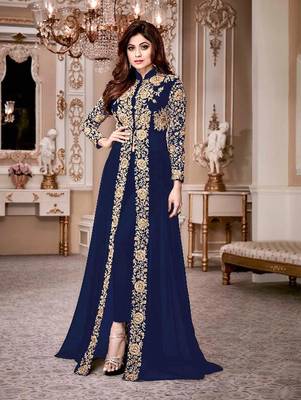 Navy Blue Gold Designer Wedding Wear Georgette Anarkali Suit 1