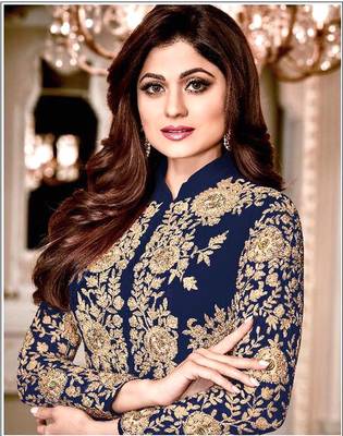 Navy Blue Gold Designer Wedding Wear Georgette Anarkali Suit 2
