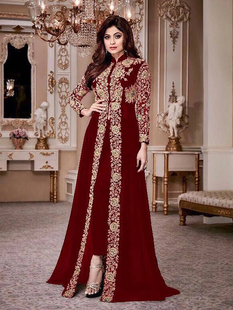 Maroon Gold Designer Wedding Wear Georgette Anarkali Suit