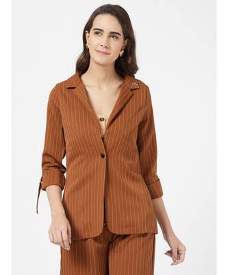 Brown Casual Stripe Blazer With Braoch 1
