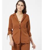 Brown Casual Stripe Blazer With Braoch