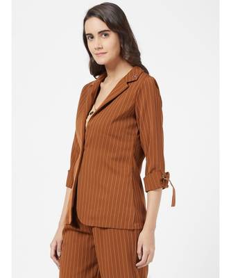 Brown Casual Stripe Blazer With Braoch 3