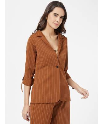 Brown Casual Stripe Blazer With Braoch 4
