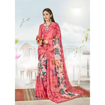 Pink printed georgette saree with blouse 1