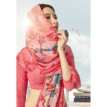 Pink printed georgette saree with blouse 2