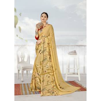 Beige printed georgette saree with blouse 1