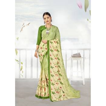 Green printed georgette saree with blouse 1