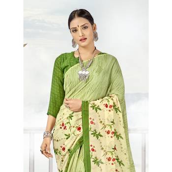 Green printed georgette saree with blouse 2