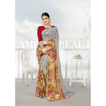 Grey printed georgette saree with blouse 1