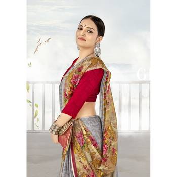 Grey printed georgette saree with blouse 2