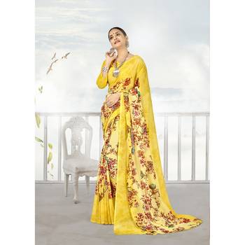 Yellow printed georgette saree with blouse 1